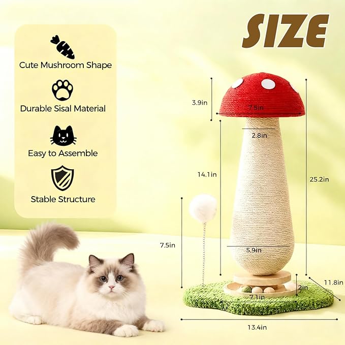 Mushroom Cat Scratcher Tower, Interactive Ball Track Spring Ball Cat Scratching Post, Sisal Kitty Activity Center for Indoor Cats & Kittens, Sturdy Wide Base 25.2 Inch - Red