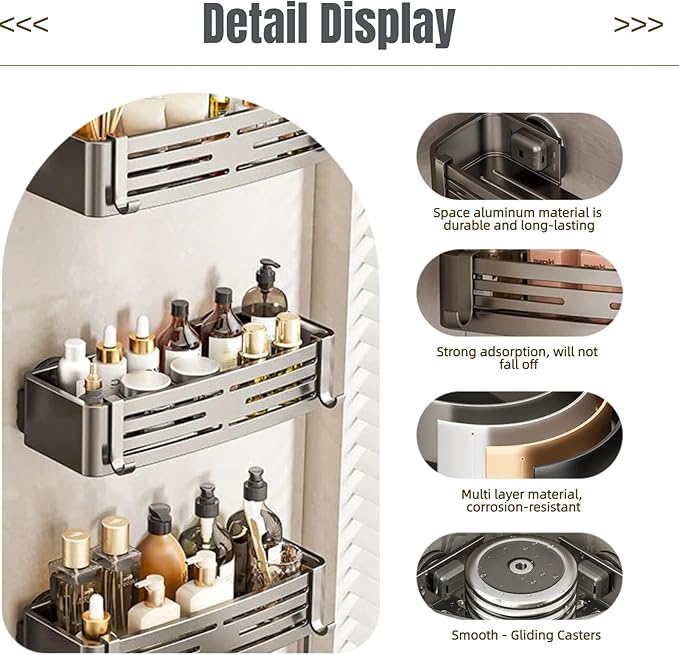 3Pcs Corner Shower Shelf Caddy Suction Cup, No Drill Hole with Towel Bar and Hook, Gray Bathroom Storage Rack, Zero Drill Square Shelves, Store Toiletries and Bath Towel for Bathroom Kitchen RV