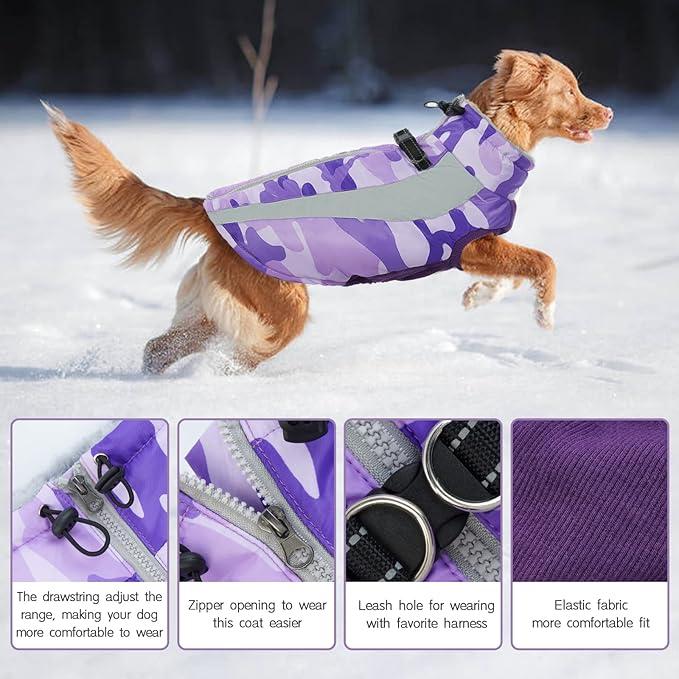 FUAMEY Dog Winter Jackets for Large Dogs,Dog Coat with Harness Built in,Waterproof Dogs Snowsuits Warm Pet Jacket Zip Up Fleece Cold Weather Coats Reflective Puppy Vest with Pocket Blue 3XL