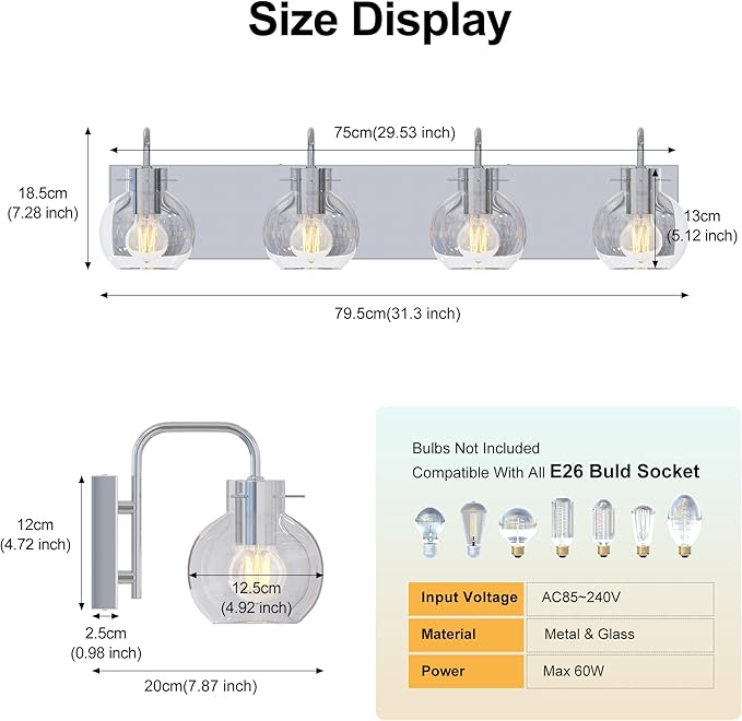 Brushed Nickel Bathroom Light Fixtures, 4-Light Modern Vanity Light Over Mirror, Wall Sconces with Frosted Glass Shades, E26 Socket (Bulbs Not Included)
