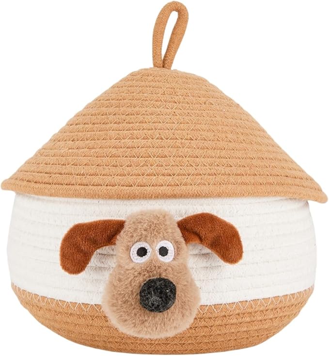 Bellar Small Rope Basket With Lid Woven Storage Box Cute Animal Dog Toy Box Organizers Cotton Rope Basket for Kids Small Snack Storage Area Decorative Boxes Aesthetic-8.6''*8.6''-Brown*White