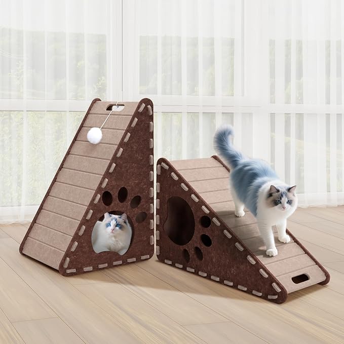 Cat Scratcher, Triangle Felt Cat Scratcher(Cat House), Vertical Integrated 3 in 1 Ramp Vertical Felt Cat Board(Brown Gray)