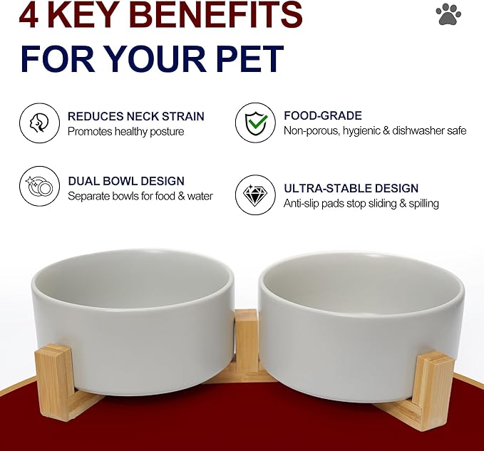 Dog Food Bowl, 28.7 oz Ceramic Food and Water Bowls for Dogs, Pet Dishes Set with Wood Stand, for Small Size Dog and Cat, No Spill Feeding Station with Weighted Base, Grey