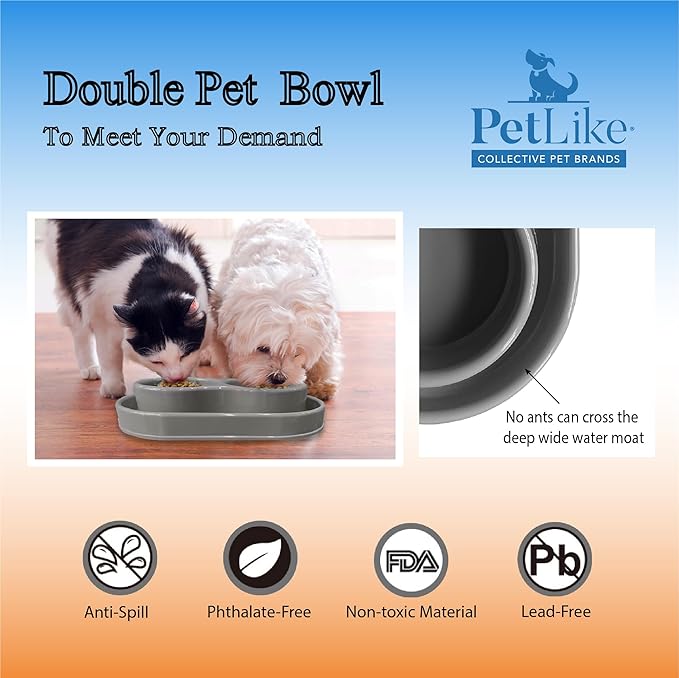 PetLike Ants Away Double Pet Feeding Bowls Dog Water and Food Bowls,6 cups/48oz Pet Feeder Bowls for Medium Large Dogs Cats (Grey, 15.5X9.5X2.75 INCH)