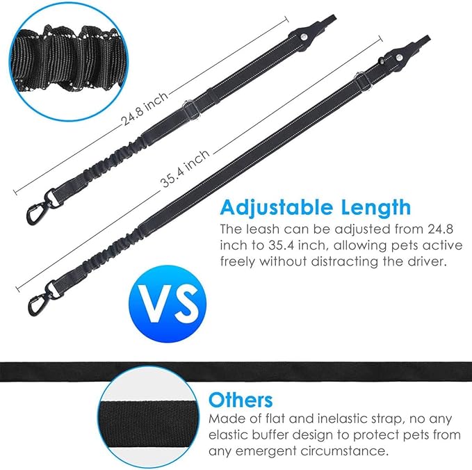 2 Pack Black Dog Seat Belt, Adjustable Dog Car Safety Belt with Reflective Bungee, Rotatable Carabiner, Suitable for Medium to Large Dogs Up to 150 lbs