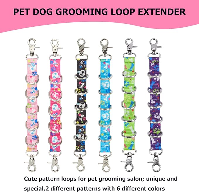 Dog Grooming Loops Table Supplies 2 Pack Cute Colorful Paw Pattern Restraint Loop Dogs Grooming Arm Extension Double Snap Hooks Extender with 5 D-Rings for Pet Salon & Daily Conveience