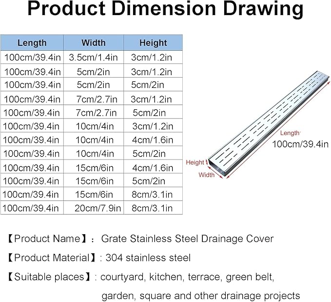 Slim Channel Drain Kit - 304 Stainless Steel Outdoor Trench Drainage System, Low Profile Terrace Channel (15x5cm/6x2in) for Efficient Water Management