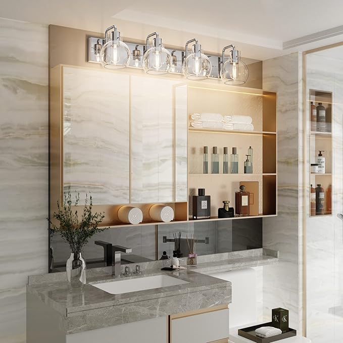 Tipace Chrome Modern Bathroom Vanity Light Fixtures Over Mirror Glass Globe 4 Lights Stainless Steel Vanity Lights Farmhouse Bath Lighting(Exclude Bulb)