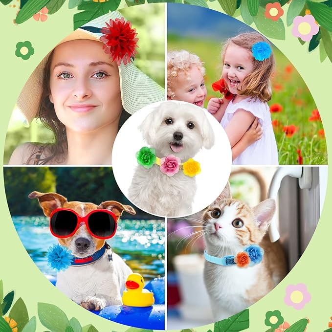 Saintrygo 42 Pcs Dog Collar Flowers Bow Accessories Bulk Multi Color Dog Floral Charms Bow Tie Pet Flower Bows for Small Medium Large Puppy Cat Grooming Easter Wedding Birthday Parties(Cute Colors)