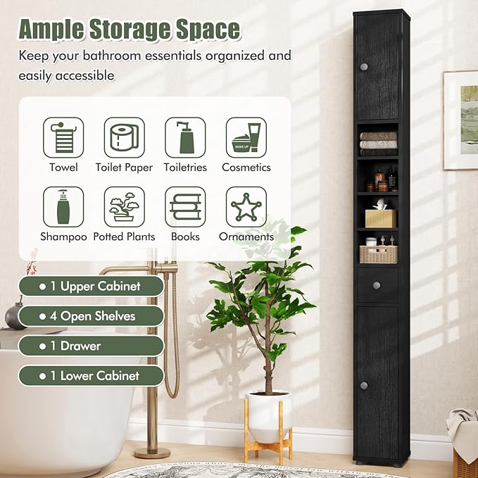 Giantex Slim Bathroom Storage Cabinet - 71” Tall Narrow Floor Cabinet Cupboard with 2 Doors, 5 Adjustable Shelves, 1 Drawer, Anti-Tipping Device, Thin Linen Tower Cabinet for Living Room (1, Black)