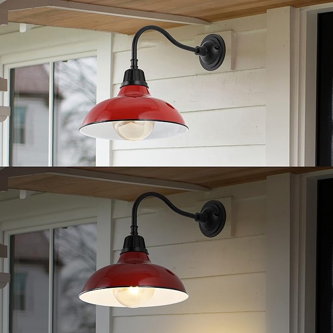 JONATHAN Y JYL7613E Aurora 12.25" 1-Light Farmhouse Industrial Indoor/Outdoor Iron LED Gooseneck Arm Outdoor Sconce Metal Bowl Shade Vintage Cottage Rustic Porch Patio Yard Barn, Red