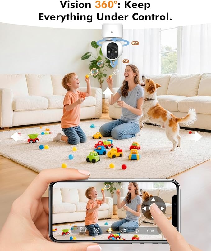 Battery Powered pet camera,true Wireless Indoor Camera, 4MP 2.5K WiFi Camera with Color Night Vision, 355° Pan Tilt, Motion Detection, 2-Way Audio, Dog/Cat/Kids/Baby/Pet Monitor & home security
