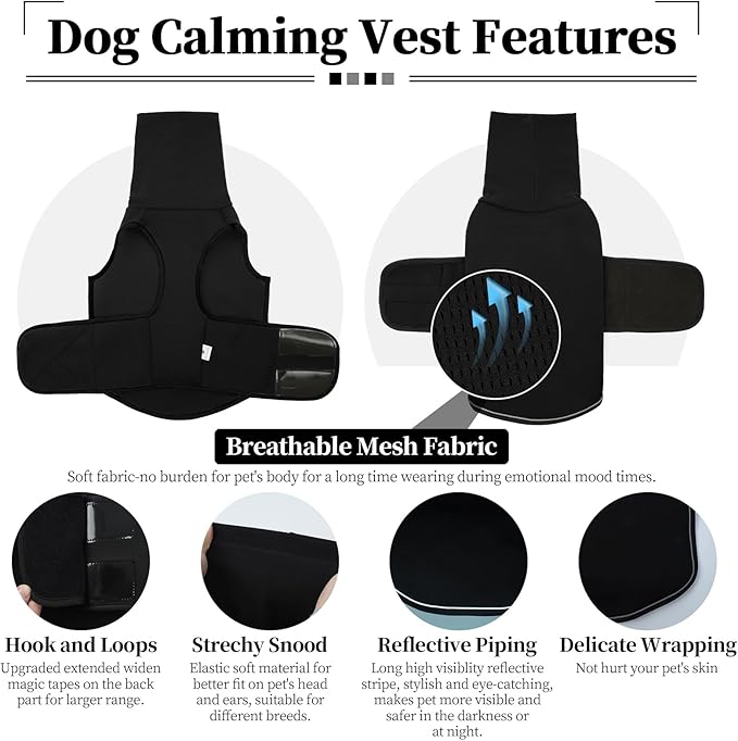 ROZKITCH Soft Dog Anxiety Jacket, Breathable Calming Vest for Storms, Fireworks & Separation, High Collar Design for Small to Large Dogs Black XS