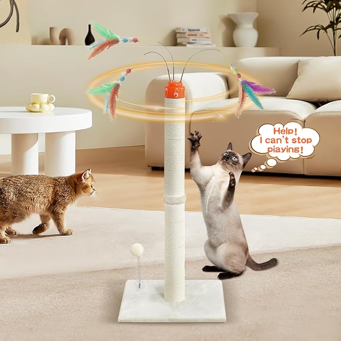 Cat Scratching Post ，33.4" Sisal Rope Cat Scratcher Tall Scratching Post for Indoor Cats with Interactive Cat Toys Automatic Teaser Wand and Rotating Hanging Balls