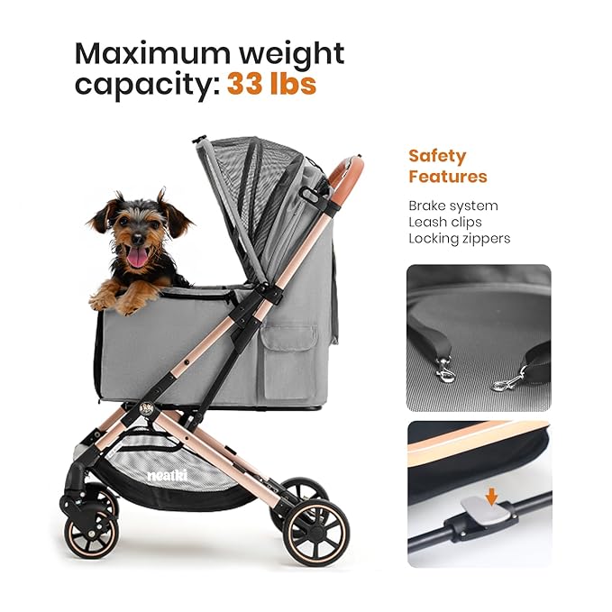 Foldable Pet Stroller for Dogs and Cats, 27.55x19.68x40.55, 33 lbs Capacity, 360° Swivel Front Wheels, One-Click Fold, Leash & Lock Clips, Removable Washable Padding, Cup Holder (Gray, 33 lbs)
