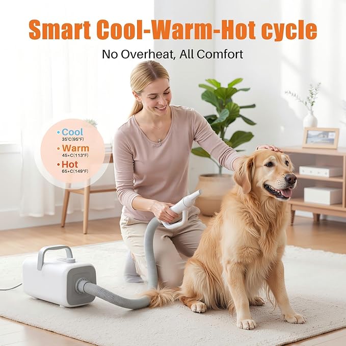 NEWBULIG Dog Hair Dryer, 1550W High Velocity Pet Blow Dryer with Heater for Grooming, Speed Temperature Adjustable Dog Blower Grooming Dryer with 4 Nozzles