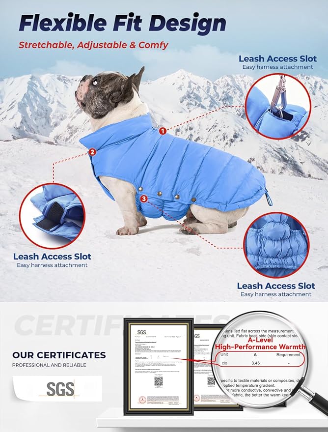SPACE LION Dog Puffer Jacket, Down Winter Coat, Durable Outdoor Coat for Cold and Windy Conditions, Lightweight & Adjustable Fit Coats for Large Dogs, (Blue, Size24/2XL)