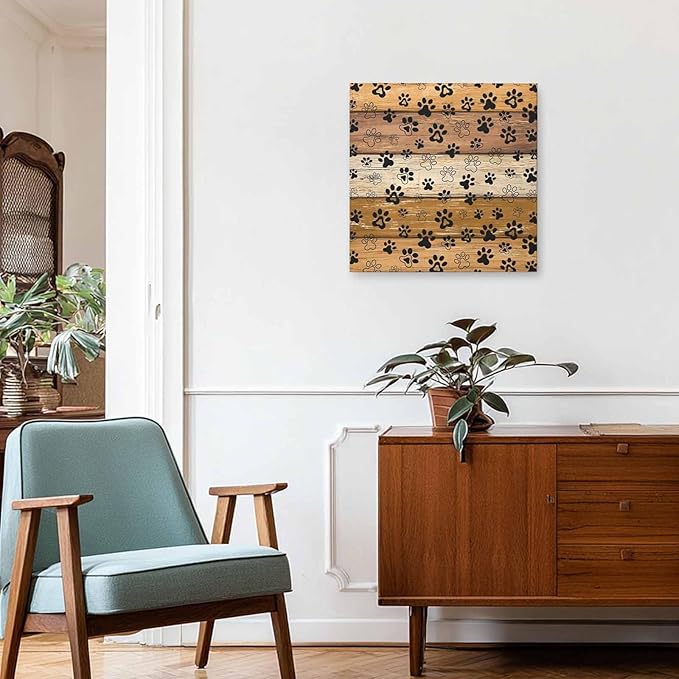 Framed Canvas Wall Art for Living Room Dog Paw Print Wall Decor, Retro Brown Yellow Wood Grain Aesthetic Paintings for Bedroom Office Kitchen Bathroom, Ready to Hang Artwork Wall Pictures 16x16 Inch