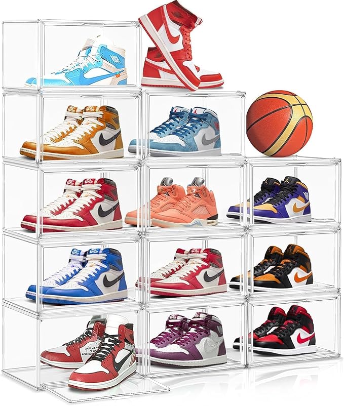 12 Pack Acrylic Shoe Storage Box with Magnetic Door. Size 13 Clear Stackable Shoe Organizer for Closet Space Saving Shoe Cabinet Sneaker Display Case in Closet, Hallway, Bedroom, Dormitory