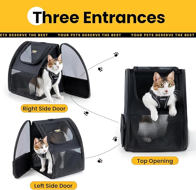 Cat Backpack Carrier for Small Dogs and Cats Fit Up to 15 Lbs,Small Dog Backpack, Expandable & Foldable with 3-Side Mesh Windows, Pet Carrier for Travel & Hiking Friendly，Black