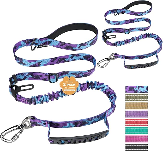 2 Pack Heavy Duty Dog Leash for Medium Large Dogs That Pull,4-6FT Shock Absorbing Bungee Tactical Dog Leash with 2 Padded Handle Car Seatbelt,Reflective Walking Training Lead,Purple Camo