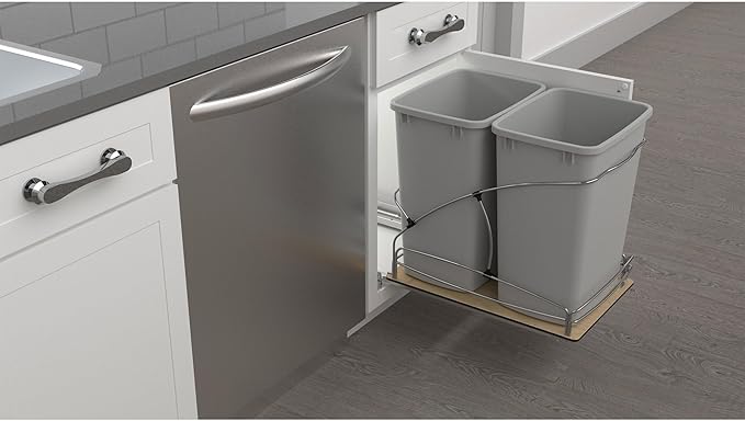 Rev-A-Shelf Steel Bottom Mount Double 35 Quart 8.75 Gallon Waste Bin Trash Container for Under Kitchen Cabinet with Soft Close, Gray, 54WC-1835SC-17-1