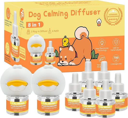 Dog Pheromone Calming Diffuser 8 in 1 Appeasing Pet Pheromones Diffuser to Calm Kit (2 Plug in+ 6 Pack 48ml Refill) for Anxiety