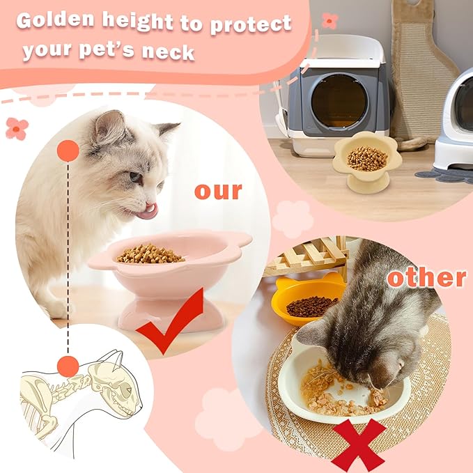 2 Pcs Ceramic Raised Cat Bowls Flower 7 oz Tilted Elevated Cat Food Bowl Cat Dishes for Anti Vomiting Protecting Spine Pet Feeder Water Bowl for Cat Kitten