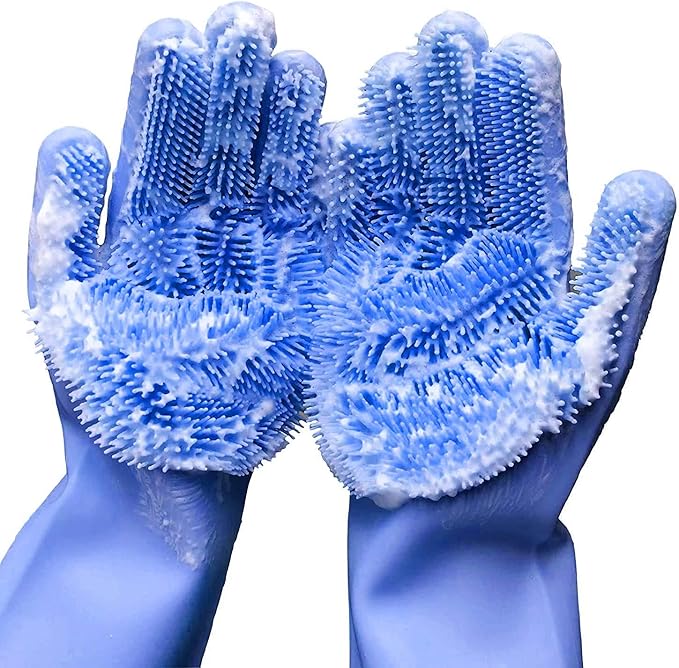 Silicone Dishwashing Gloves, Pet Grooming Rubber Scrubbing for Dishes, Sponge Wash Cleaning with Scrubbers (13.6" L)