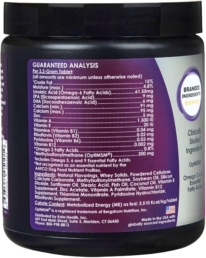 Kala Health PeakTails Skin & Coat Support for Dogs – 90 Chewable Tablets with MSM, Fish Oil, Omega-3 & Omega-6 – Supports Healthy Skin, Shiny Coat