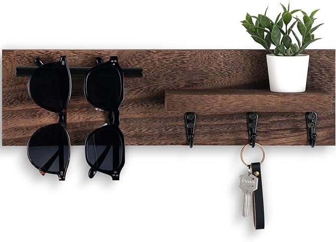 Key Holder for Wall, Decorative Entryway Shelf with Hooks Holds Keys, Dog Leash, Sunglasses – Key Hanger with 3 Hooks Organizes, Enhances Home Decor (15” x 4.5” x 2.6”) (Brown)