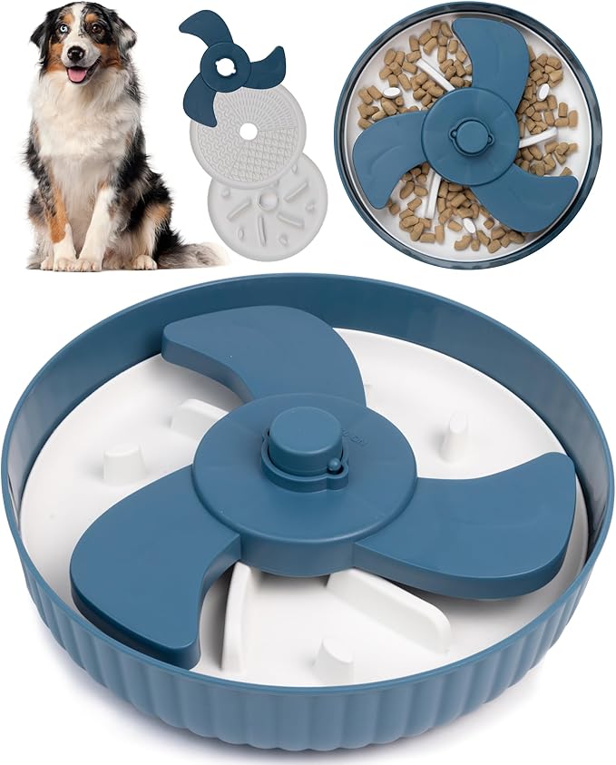 MalsiPree Spinning Slow Feeder Dog Bowl - Interactive Puppy Training Supplies & Dog Birthday Gifts - Anti-Choke Non-Slip Puzzle Feeder for Small & Large Breeds with 2 Interchangeable Mats - Blue