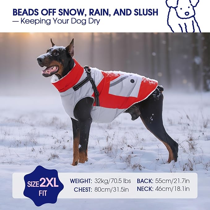 FUAMEY Dog Winter Jackets for Small Dogs,Dog Coat with Harness Built in,Waterproof Dogs Snowsuits Warm Pet Jacket Zip Up Fleece Cold Weather Coats Reflective Puppy Vest with Pocket Red S