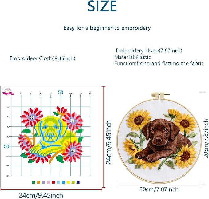 Zhenqing Labrador Dog Cross Stitch Kit for Beginners, 11CT Printed White Cotton Fabric 24x24cm with 20cm Hoop, Sunflower & Puppy Embroidery Set with Threads & Instructions(70788)