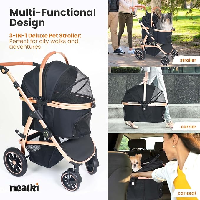 3 in 1 Pet Stroller for Small to Medium Dogs and Cats up to 55 lbs with Detachable Carrier/Car Seat, 34.44x24.21x 42.91, Foldable and Lightweight, Detachable Cushion + Cup Holder (Black/Gold)