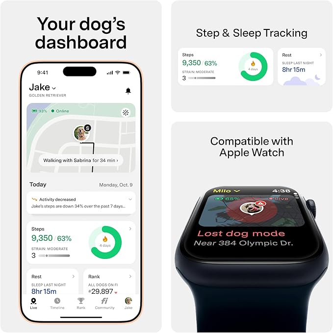 New Fi Series 3+ Smart Dog Tracker Collar [12 Month Membership Included] GPS Tracker for Dogs with Health & Behavior Monitoring, Escape Alerts, Waterproof, LED, Apple Watch Compatible (Blue, X-Large)