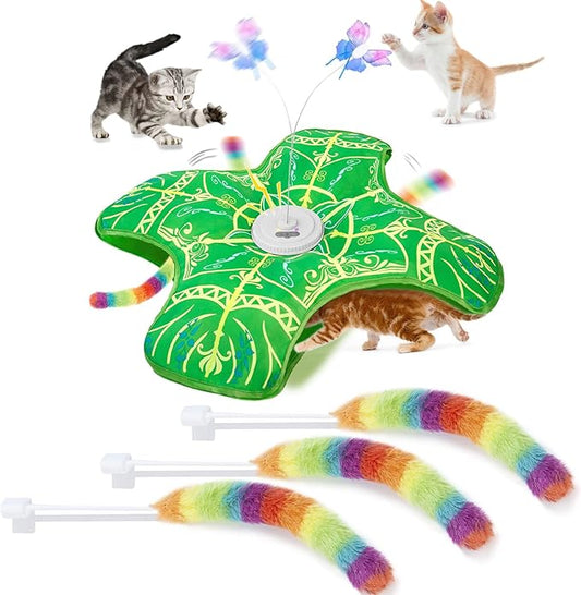 Interactive Hide and Seek Cat Toy with Green Cover + 3 Plush Tail Wand Replacements