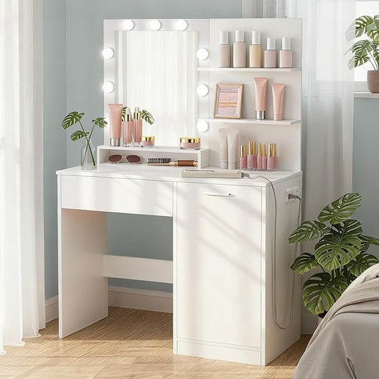 VASAGLE Kailyn Collection - Vanity Desk with Power Outlets and LED Lights, 35.4-Inch Wide Makeup Table with Mirror, Drawer and Cabinet, for Bedroom, Cloud White URDT128WB01V1S