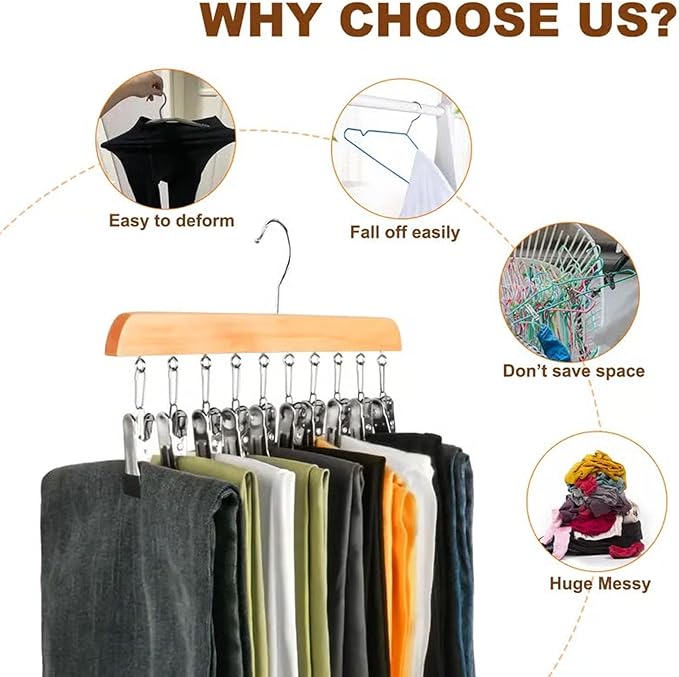 Closet Organizer with 10 Clips - Space Saving Hanging Closet Organizer, 2026 Upgraded Legging Hangers for Closet, 360° Rotating Metal Clips with Silicone Lining for Clothes (Wood, 2PCS)