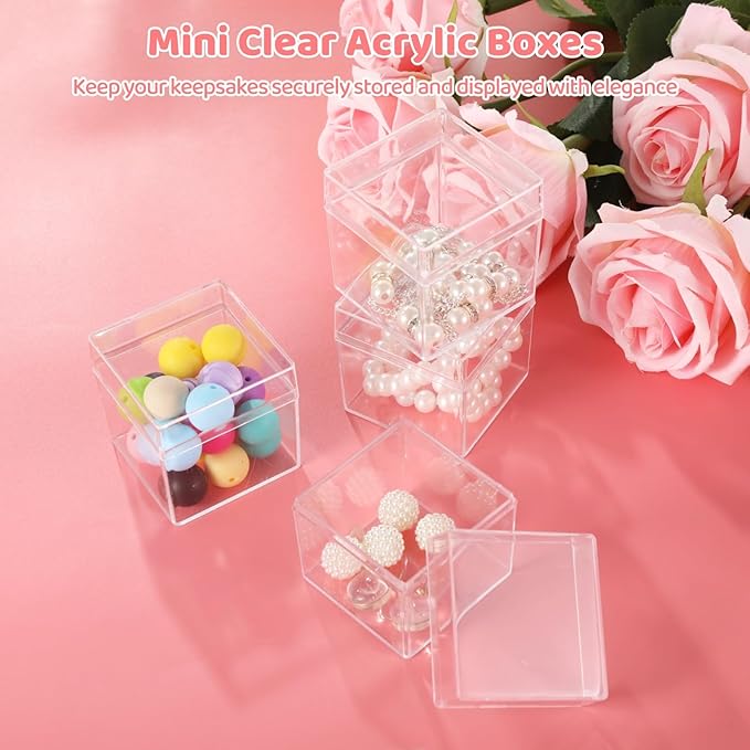 yeesport 100 Pcs Acrylic Boxes with Lids, 2×2×2" Mini Clear Candy Boxes, Square Transparent Display Cases, Stackable Storage Cubes, Small Containers for Wedding Favors, Jewelry, Treats