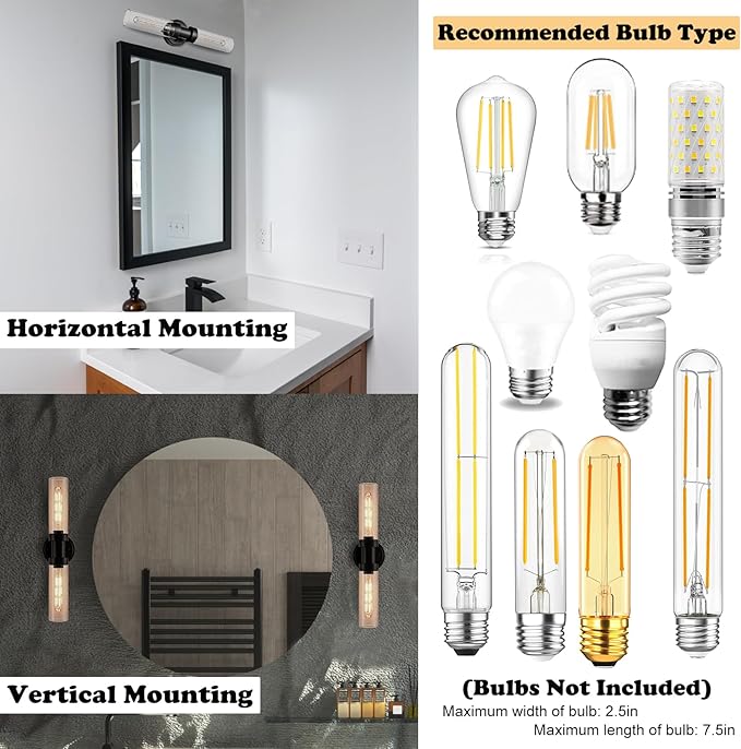 Farmhouse Black Wall Sconce 2-Light Cylinder Bathroom Vanity Lights with Clear Glass Shade 20-Inch Modern Matte Black Glass Sconces Wall Lighting for Bedroom Hallway Staircase