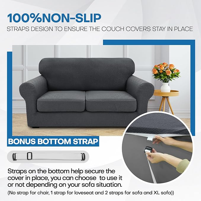 XINEAGE 2025 New 3 Pieces Couch Covers for 2 Extra Large Cushion Sofa Super Stretch Sofa Cover for 2 Large Seat Universal Loveseat Slip Cover for Living Room (Dark Gray), 71"-91"(2 Cushions)