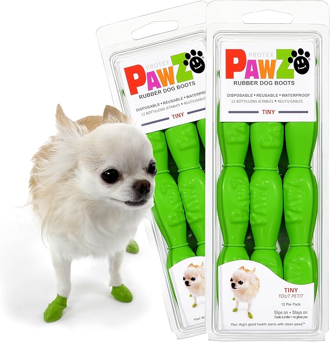PawZ Rubber Dog Boots for Tiny Paws - All-Weather Waterproof Dog Shoes, Anti-Slip Traction for Rain, Snow, Mud & Hot Pavement - Pull-On Dog Booties, Green - Tiny (0.5" - 1") - Pack of 24