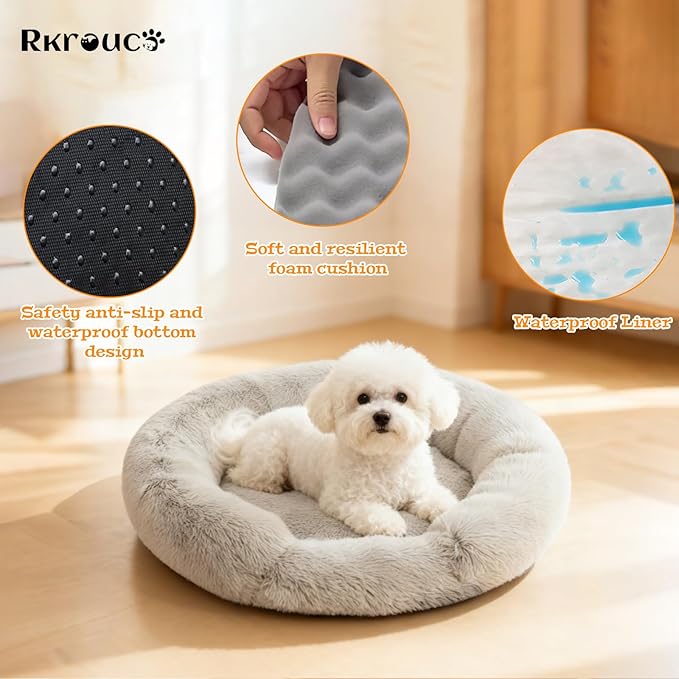 Fluffy Dog Bed Calming Donut Beds for Large Dogs Warming Round Small Medium Pet Nest Cozy Cat Mattress Indoor Washable Puppy Kennel Kittens Sleep Mat (S, 23.6×23.6 inch, Gradient Coffee)