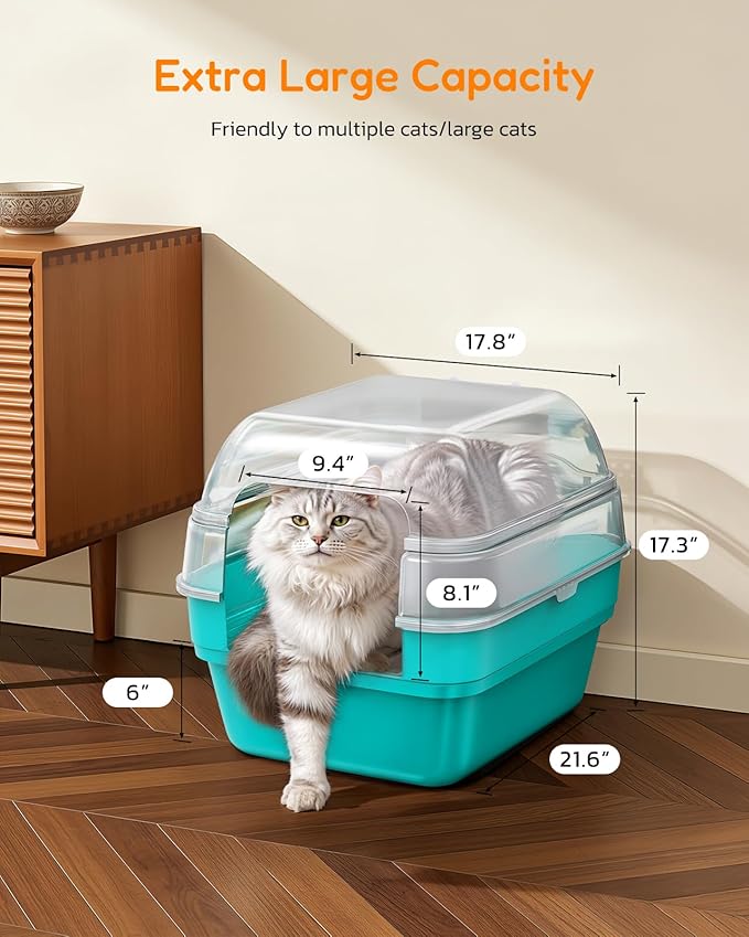 Large Cat Litter Box with Transparent Lid, Foldable Hooded Litter Box with Front Door Flap for Privacy, Easy Clean Non-Sticky Litter Box with Intelligent Deodorizing, (21.6" L x 17.8" W x 17.3" H)