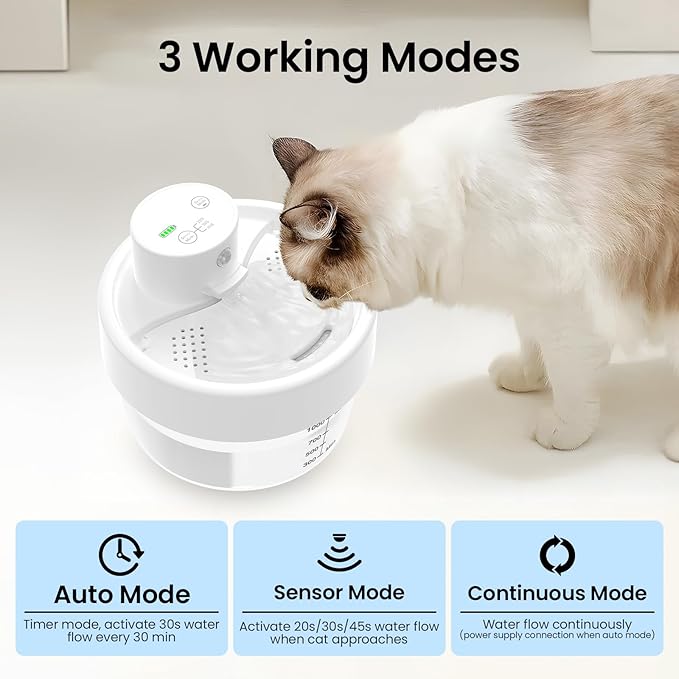 MASBRILL Cat Water Fountain, Battery Operated Water Fountains for Cats Indoor - 1L Wireless & Automatic Cat Water Dispenser - Pet Drinking Fountain with Filter/Motion Sensor/Silent Pump