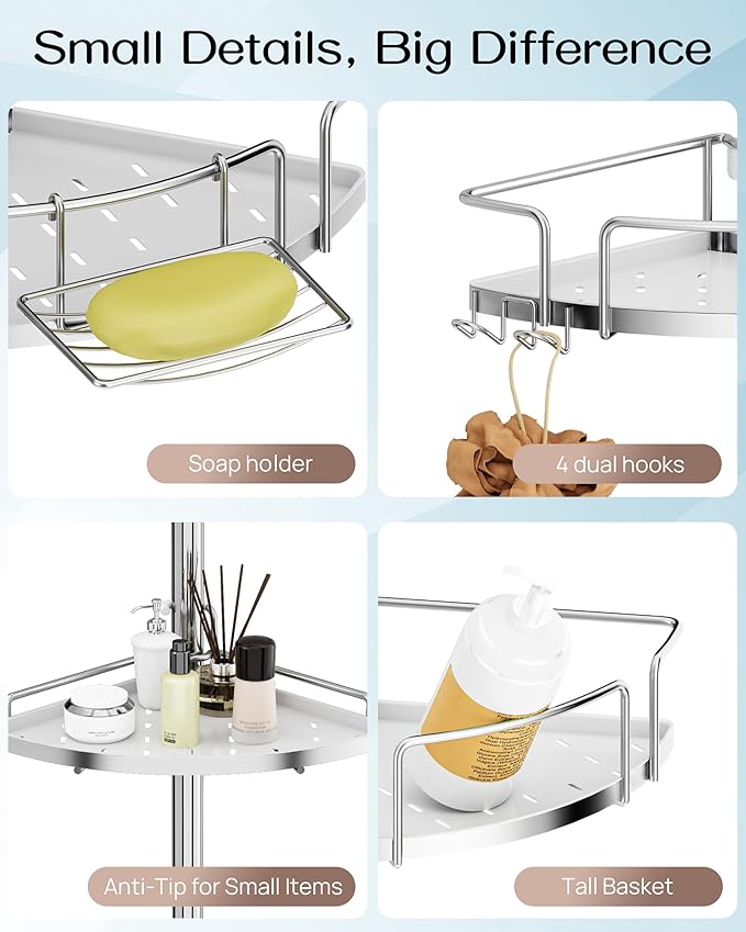 ALLZONE Corner Shower Caddy Tension Pole, 4 Repositionable Hang-On Baskets with Mixed-Height Shelves for Various Bottle Sizes, 4 Dual Hooks & Soap Holder, Rustproof Stainless Steel, Fits 34–116 Inch