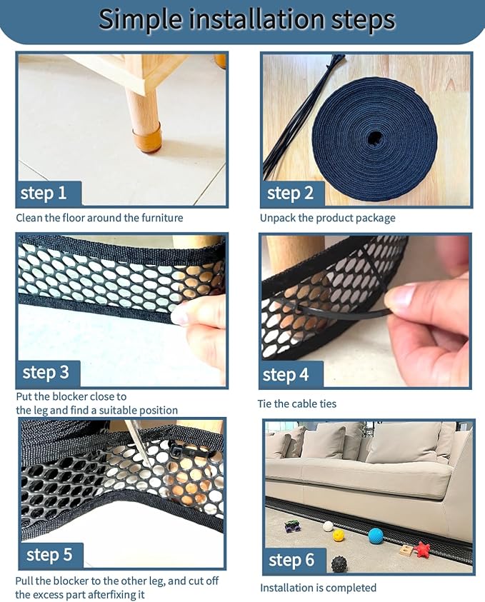 Under Couch Blocker, 394 x 2.75 Inches Under Bed Blocker for Pets - Prevent Lost Toys for Under Furniture with 10 Zip Ties, Couch Accessories (Black)