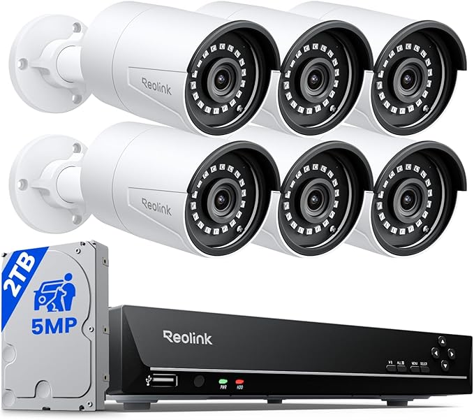 REOLINK 8CH 5MP Home Security Camera System, 6pcs Wired Outdoor PoE IP Cameras with Person/Vehicle/Pet Detection, 4K/8MP 8CH NVR with 2TB HDD for 24-7 Recording, RLK8-410B6-5MP