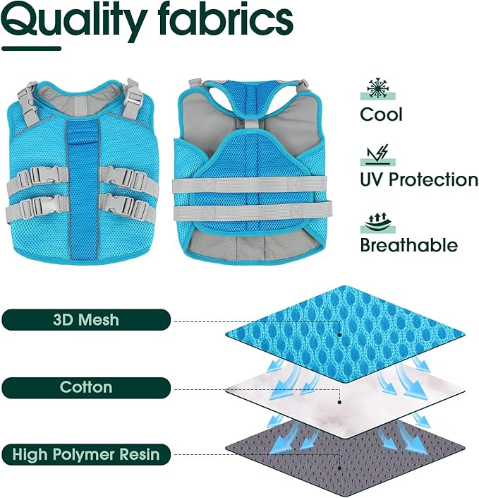 Kuoser Cooling Vest for Dogs, Large Cool Shirt for Dog, Pet Ice Jacket with Reflective Stripe, Doggie Beach & Summer Essentials Blue XL